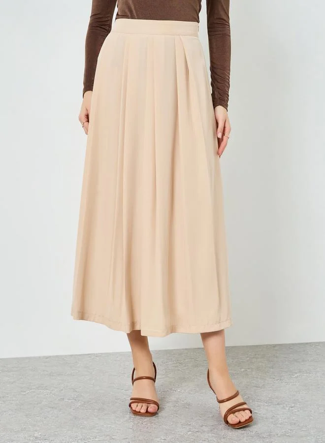 Styli Women Beige Pleated A-Line Midi Skirt